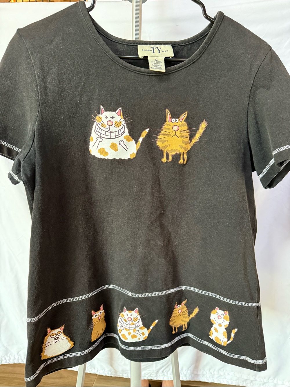 TY Original Wear Black Tee with Playful Orange & White Cat Prints